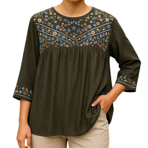 Tea N Rose Women's Olive Green Boho Cottagecore Floral Flowy Blouse Size L - Picture 1 of 10